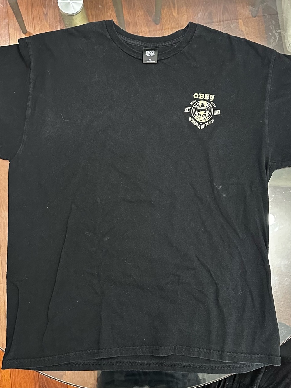 Obey Black Short Sleeve Crewneck with Small Gold Crest